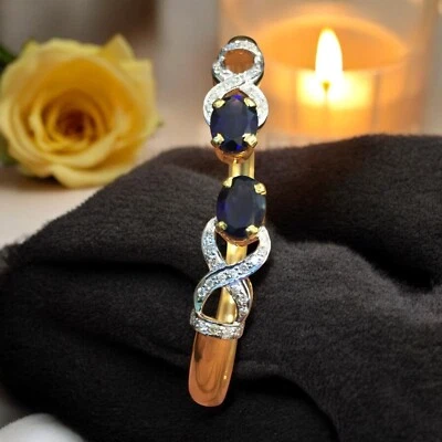 Pavé 4,32 cts Runde Brillant Diamanten Blauer Saphir Manschette Armband 14K Gold - Bild 1 von 4