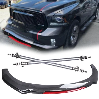 For Dodge Ram 1500 Front Bumper Lip Spoiler Splitter Strut Rods Carbon Fiber Foto 1 de 4