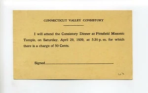Postal antigua de la misa de Pittsfield MA, cena del consistorio, templo masónico, 1939 - Imagen 1 de 2