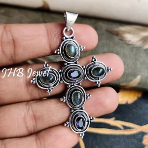 Labradorit & Amethyst Schliff Edelstein 925 Sterling Silber Kreuz schöner Sch... - Bild 1 von 6