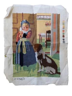 Vintage Needlepoint Canvas Dutch Girl with Dog Irish Setter **STARTED** 19" x15" - Image 1 of 4
