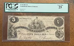 T-36 CSA Confederate States Civil War Money 1861 $5 note currency PCGS VF 25 - Picture 1 of 6