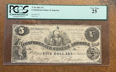 T-36 CSA Confederate States Civil War Money 1861 $5 note currency PCGS VF 25 - Image 1 of 4