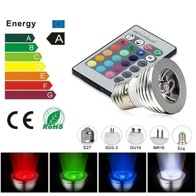 E27 E14 GU10 GU5.3 MR16 RGB LED Spotlight Bulb 3W Color Change+ Remote Control - Image 1 of 4