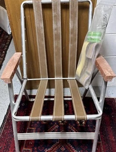 VTG Folding Aluminum Patio Chair Brown Webbed W/ Xtra Webbing For Project Repair - Picture 1 of 19