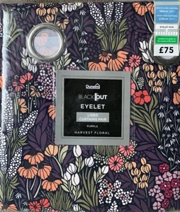 Dunelm Purple Harvest Festival Blackout Eyelet Curtains 66"x54", 66"x72,66x90 - Picture 1 of 8