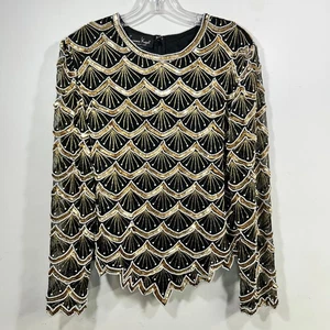 Laurence Kazar top in seta nero con oro e perle taglia XL bordo smerlato - Foto 1 di 11