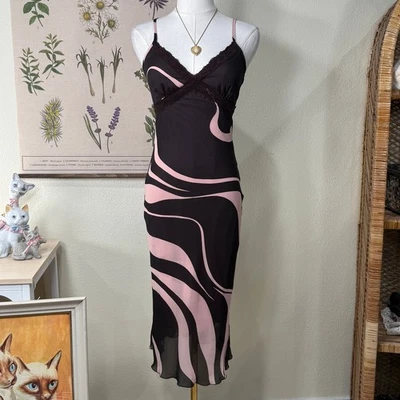 Vintage 90s Y2k Brown Pink Babydoll Lace Tie Back Dress Sexy Coquette Romantic S - Image 1 of 4