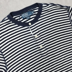Polo Ralph Lauren Shirt Mens Medium Navy White Striped Henley Long Sleeve Cotton - Picture 1 of 8