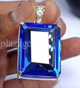 91.35 Ct EGL Blue Sapphire Pendant Emerald Cut Gemstone 925 Sterling Chain 5ARY - Picture 1 of 16