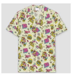 Spongebob Squarepants Nickelodeon Art Button Down Camp Shirt Medium Mens Rayon - Picture 1 of 4