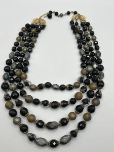 Stunning TRIFARI Black Iridescent Glass 4 Strand Beaded Necklace 15-17” - Picture 1 of 11