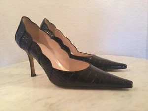GIANNI MILANESI Black Leather Crocodile Print Pump Heel Wm Sz 39 1/2 M. - Picture 1 of 12