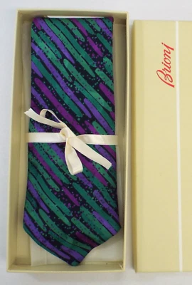Brioni Italy 100% SILK Mens Striped Tie in Box MARDI GRAS Purple Green Dots - Image 1 of 4