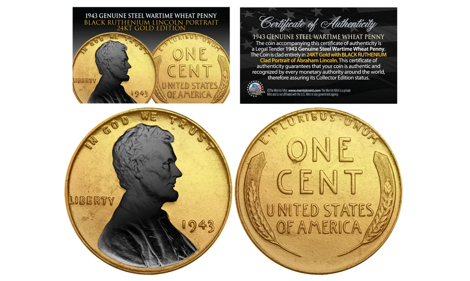 Moneda de centavo de trigo 1943 chapada en oro de acero en tiempos de guerra con Lincoln de rutenio negro Foto 1 de 1