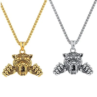 Edelstahl Kralle Tiger Kopf Anhänger Kette Punk Schmuck Herren Damen Halskette - Bild 1 von 4