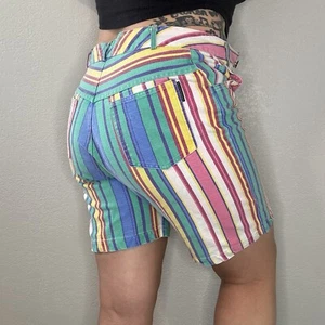 Vintage 90s High Waist Hill Country Rainbow Striped Shorts Size 10 Cotton Denim - Picture 1 of 11