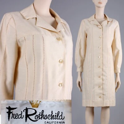 L/XL Vintage 1960s Fred Rothschild Off White Long Slv Simple MCM Knee Dress 60s - Image 1 of 4