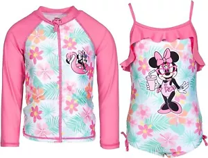 Disney ☆ Girls Minnie Mouse Long Sleeve Rash Guard Jacket & Swimsuit Set ☆ 5 & 7 - Picture 1 of 3