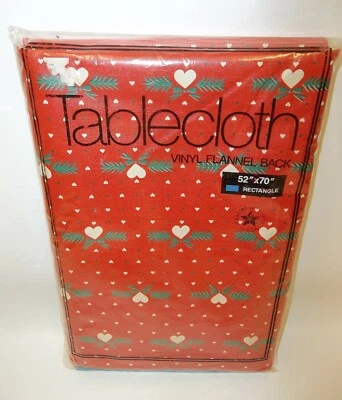 Vinyl Flannel Back Christmas Tablecloth Down Home Hearts Evergreen 52x70 MIP - image 1 of 2