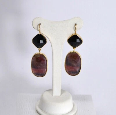 ORECCHINI  ARGENTO 925 DORATI CARRE  ONICE E RADICE DI RUBINO          AGHT 0573 - Immagine 1 di 3