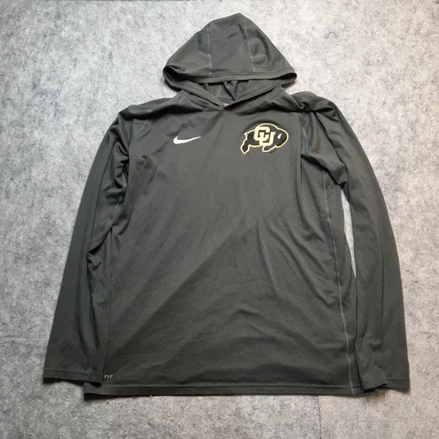 Nike Colorado Buffaloes Dri Fit Hooded Shirt Mens XL Gray Striped Buffs CU Logo Cover