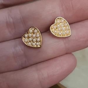 Heart Earrings Cute Valentines Gift - Gold Alloy Faux Pearl Cluster Small Stud - Picture 1 of 9