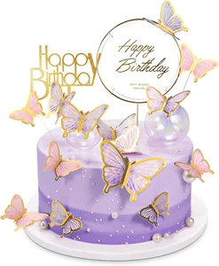 22-Pieces Butterfly Cake Decorations with Happy Birthday Acrylic Cake Toppers fo - Picture 1 of 5