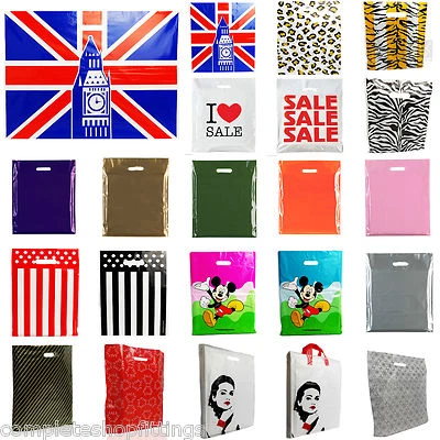 PLASTIC CARRIER BAG - Modern Printed Strong Gift shopping Bags- ALL SIZES/COLORS