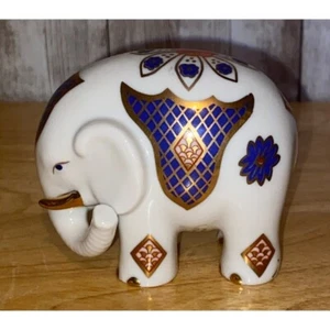 Princeton Gallery Elephant Porcelain Handcrafted Blue Orange Gold Trim Trunk Up - Bild 1 von 8