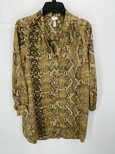 H and M Shirt Dress Womens US 12P Brown Reptile Print Textured Satin Button Up - Picture 1 of 6