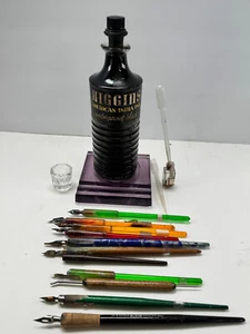 Caligraphy lot 9 Pens nibs Purple glass Cado ink stand Higgins vintage black - Picture 1 of 9