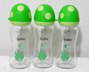 3 Bobo Mushroom Cap Natural Glass Baby Bottles Green & Yellow - 8.8 oz - Picture 1 of 4