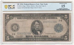 1914 $5 Federal Reserve Note New York FR 851a PCGS Choice Fine 15 - Picture 1 of 2