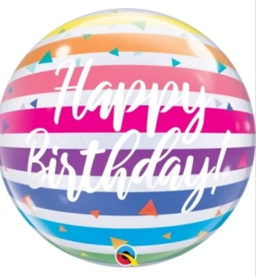 QUALATEX 22 INCH HAPPY BIRTHDAY BRIGHT RAINBOW STRIPES DECO BUBBLE BALLOON 22” — 第 1/2 张图片