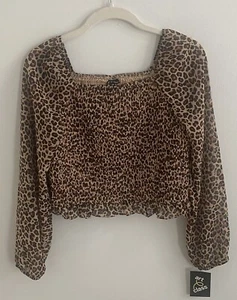 Art Class Girls' XL (14) Classic Leopard Print Smocked Sheer Sleeve Chiffon Top - Picture 1 of 5