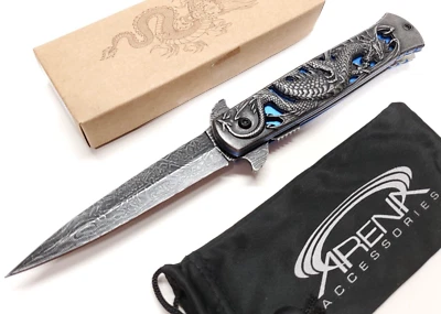 Cuchillo de Bolsillo Dragon Dagger Stiletto Hoja EDC Imitación Damasco Azul Asistido por Resorte Foto 1 de 4