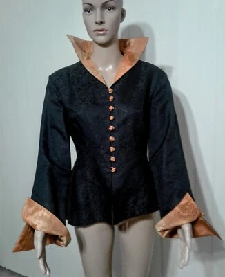 Chaqueta ajustada china vintage negra con detalles naranjas para mujer 100 % seda mediana Foto 1 de 4