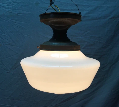 VTG Large 12" Schoolhouse Bank Ceiling Light Milk Glass Globe Old Metal 204-23B Cover