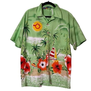 Roundy Bay Floral Hawaiian Shirt Men’s Large Green Island Beach Casual Button Up - Picture 1 of 12