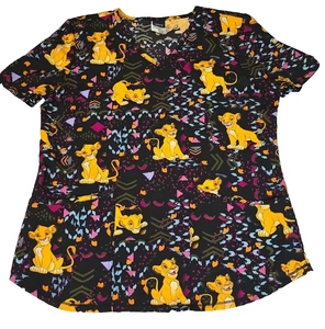 Disney Simba Size S LION KING Colorful Medical Scrub Women's Top EUC - Picture 1 of 8