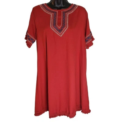 Vestido túnica bordado Umgee flecos dobladillo boho informal rojo talla M Foto 1 de 4