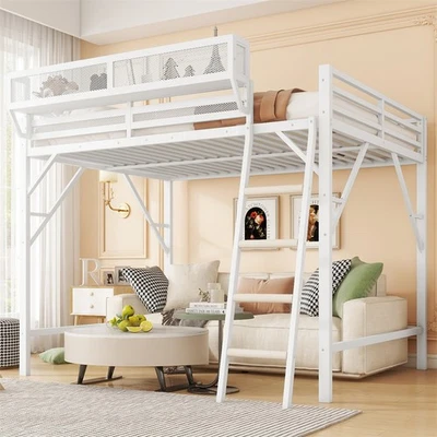 Full Size Metal High Loft Bed w/4 Step Ladder & Storage Shelves for Teens,White - Image 1 of 4