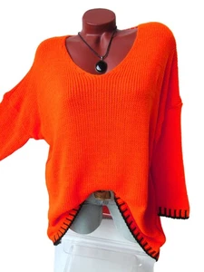 Strick Long Pullover Pulli Oversize KETTELNAHT 36 38 40 42 44 NEON orange schwar - Bild 1 von 7