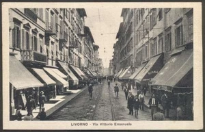 Italy Postcard Livorno Via Vittorio Emanuele Stores & Martkets Panoramic View - Picture 1 of 2