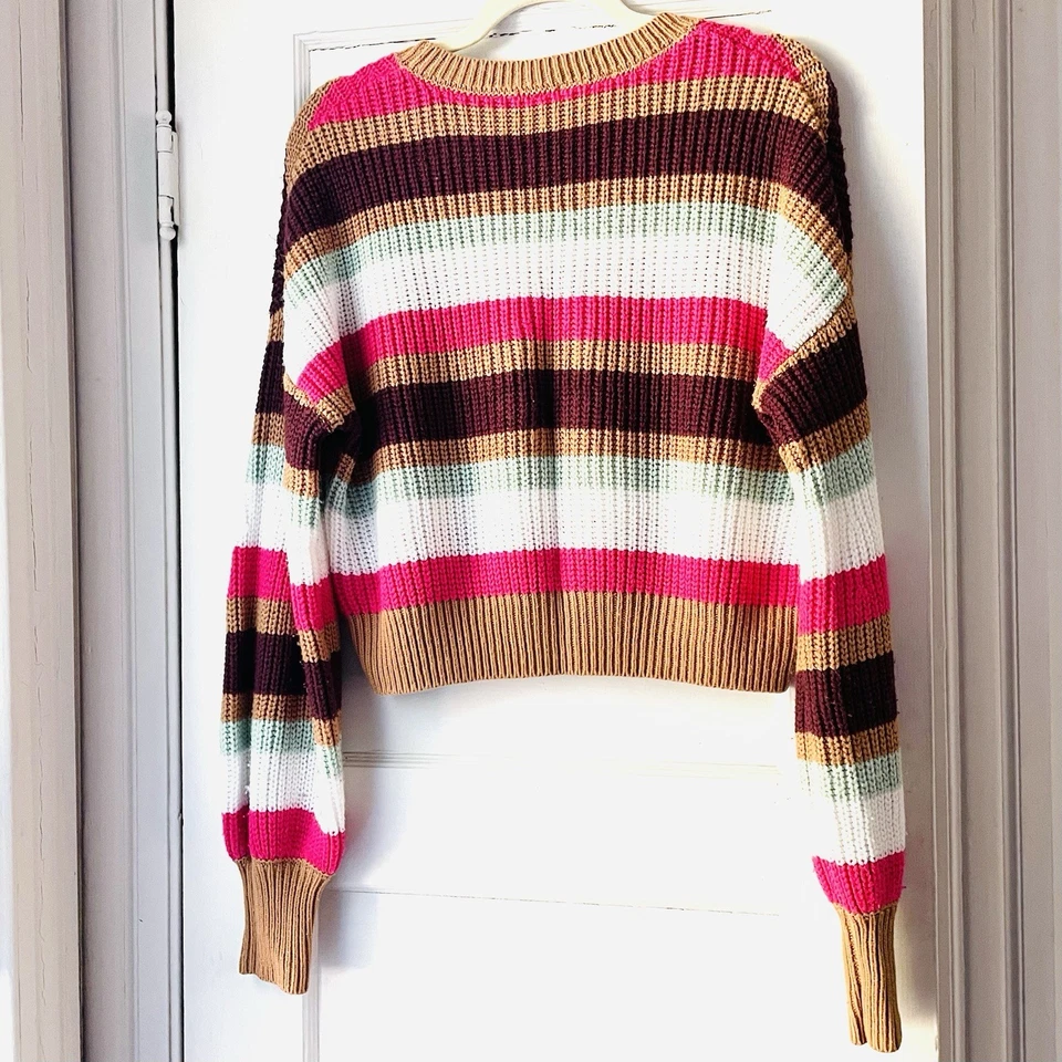 Женщин M укороченный верхний свитер многоцветный широкие полоски опрятный минималист хиппи - Изображение 1 из 4