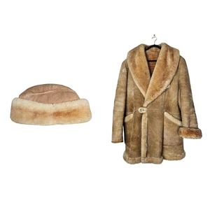 Cappello cappotto shearling completo vintage L western caldo sherpa marrone sci neve pelliccia sfocata - Foto 1 di 9