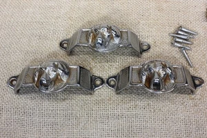 3 Old Hound Dog Doggie Drawer Bin Pulls 3 1/2” Cast Iron Vintage 1897 Chrome - Picture 1 of 11