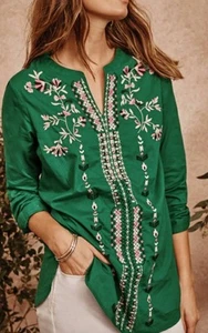 J Jill Women 2X Green Floral Embroidered Split Neck Tunic Top Blouse Cotton - Picture 1 of 18