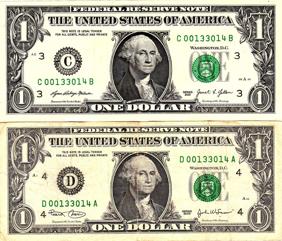 $1 2021 2003 Fancy Serial MATCHING LOW SERIALS C00133014B  D00133014A - Image 1 of 1